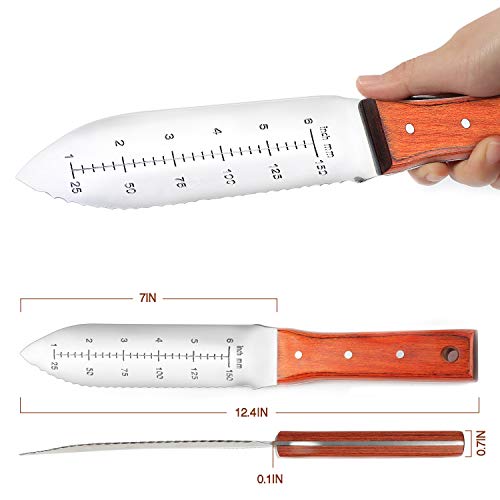 HAUSHOF Hori Hori Garden Knife 7”Stainless Steel Serrated Blade with Cutting Edge, Gardening Tool with Leather Sheath for Weeding, Planting, Digging, Wood Handle with Hanging Hole