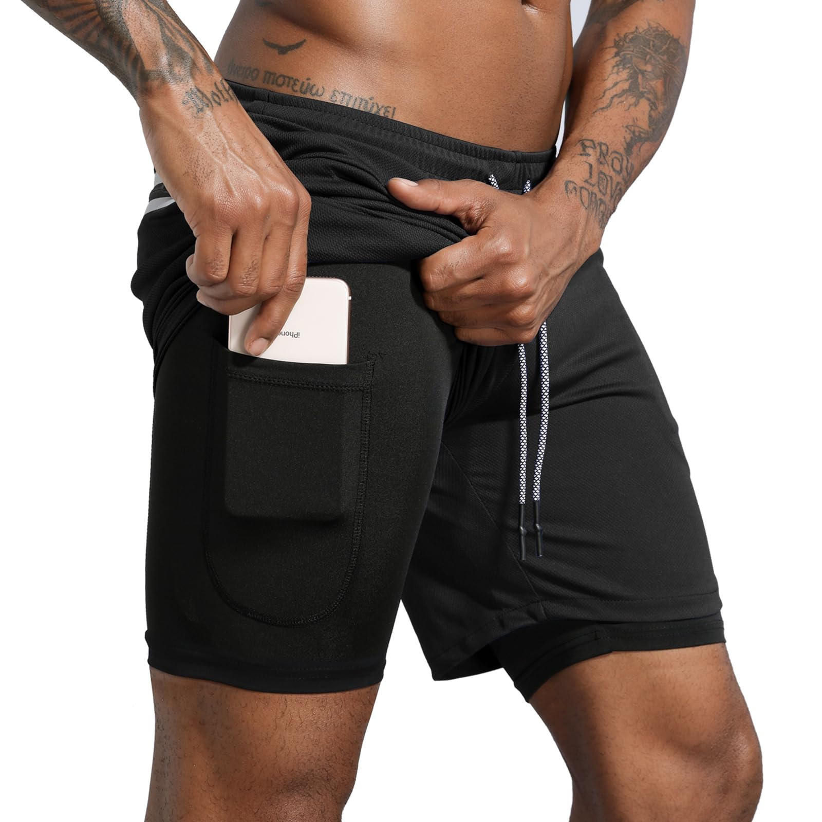 Leidowei Men's 2 in 1 Workout Running Shorts Lightweight Training Yoga Gym 7" Short with Zipper Pockets Black L