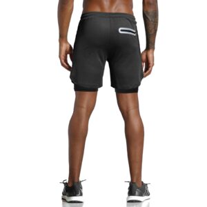 Leidowei Men's 2 in 1 Workout Running Shorts Lightweight Training Yoga Gym 7" Short with Zipper Pockets Black L