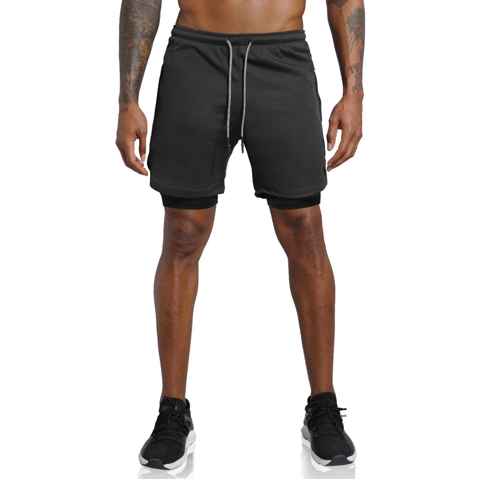 Leidowei Men's 2 in 1 Workout Running Shorts Lightweight Training Yoga Gym 7" Short with Zipper Pockets Black L