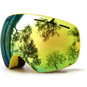 juli kids ski goggles,interchangeable double layer spherical lens,otg anti-fog snowboard skate snow goggles age 4-16 4300（yellow）