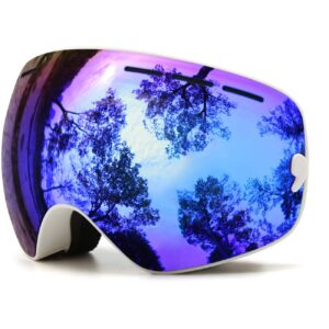 juli kids ski goggles,interchangeable double layer spherical lens,otg anti-fog snowboard skate snow goggles age 4-16 4300（white/blue）