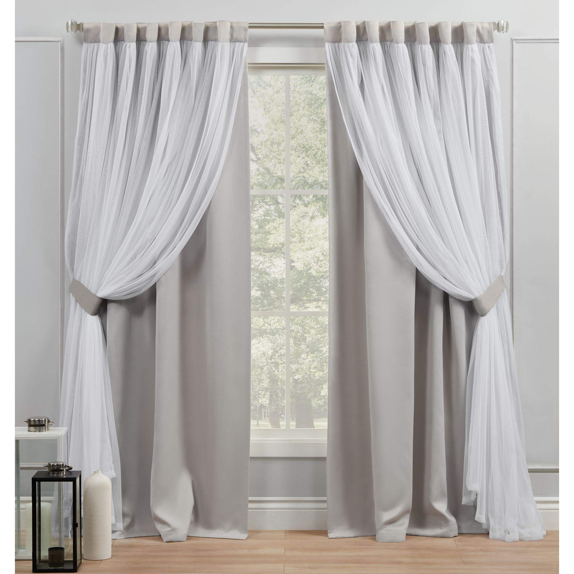 Exclusive Home Catarina Layered Solid Room Darkening Blackout and Sheer Hidden Tab/Rod Pocket Top Curtain Panel Pair, 52"x96", Cloud Grey, Set of 2