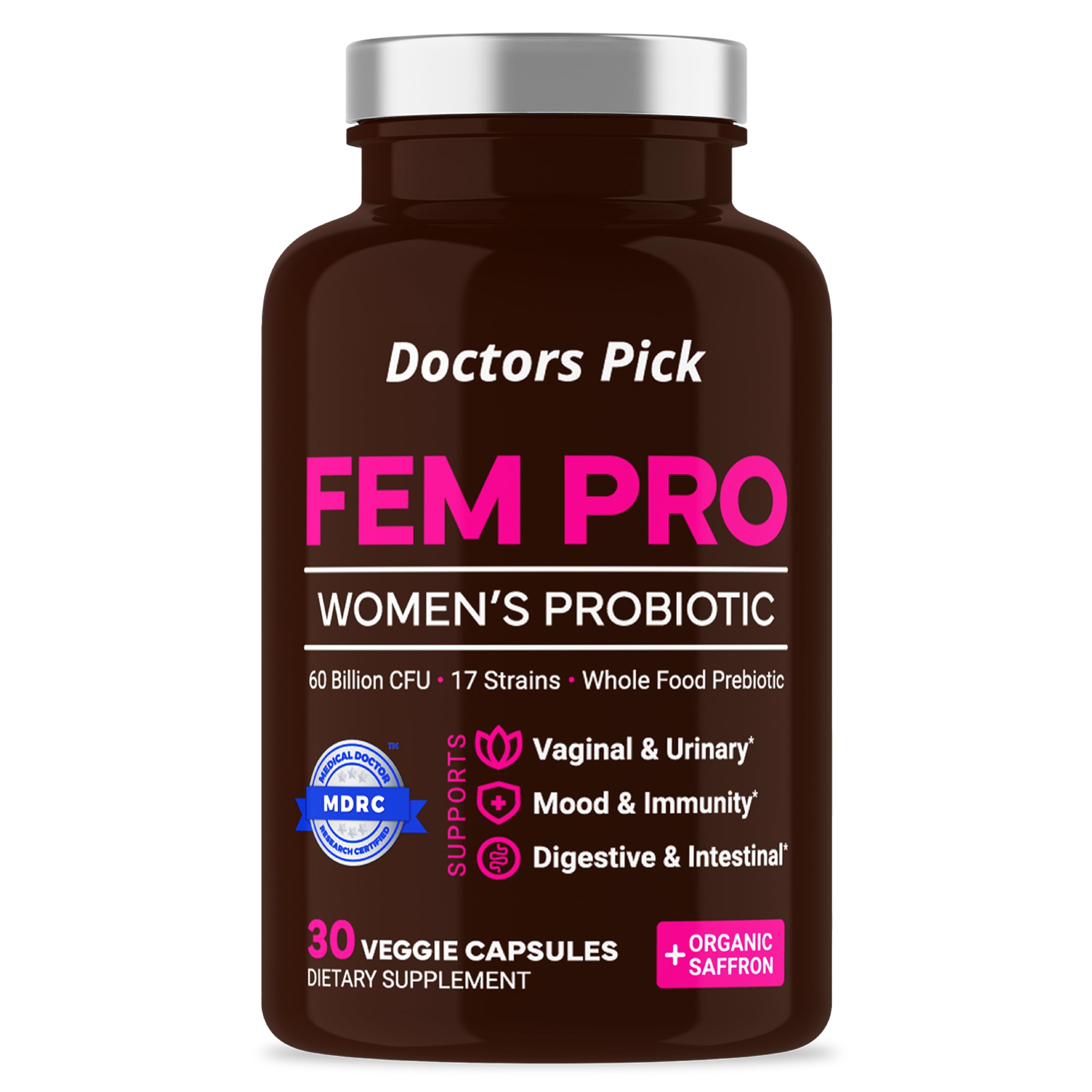 Doctors Pick Fem Pro Probiotics for Women. 17 Clinically Effective Strains for Vaginal, Digestive & Immune Support, Urinary Tract Health, pH Balance and Mood. Organic Prebiotic, 30 Veggie Capsules