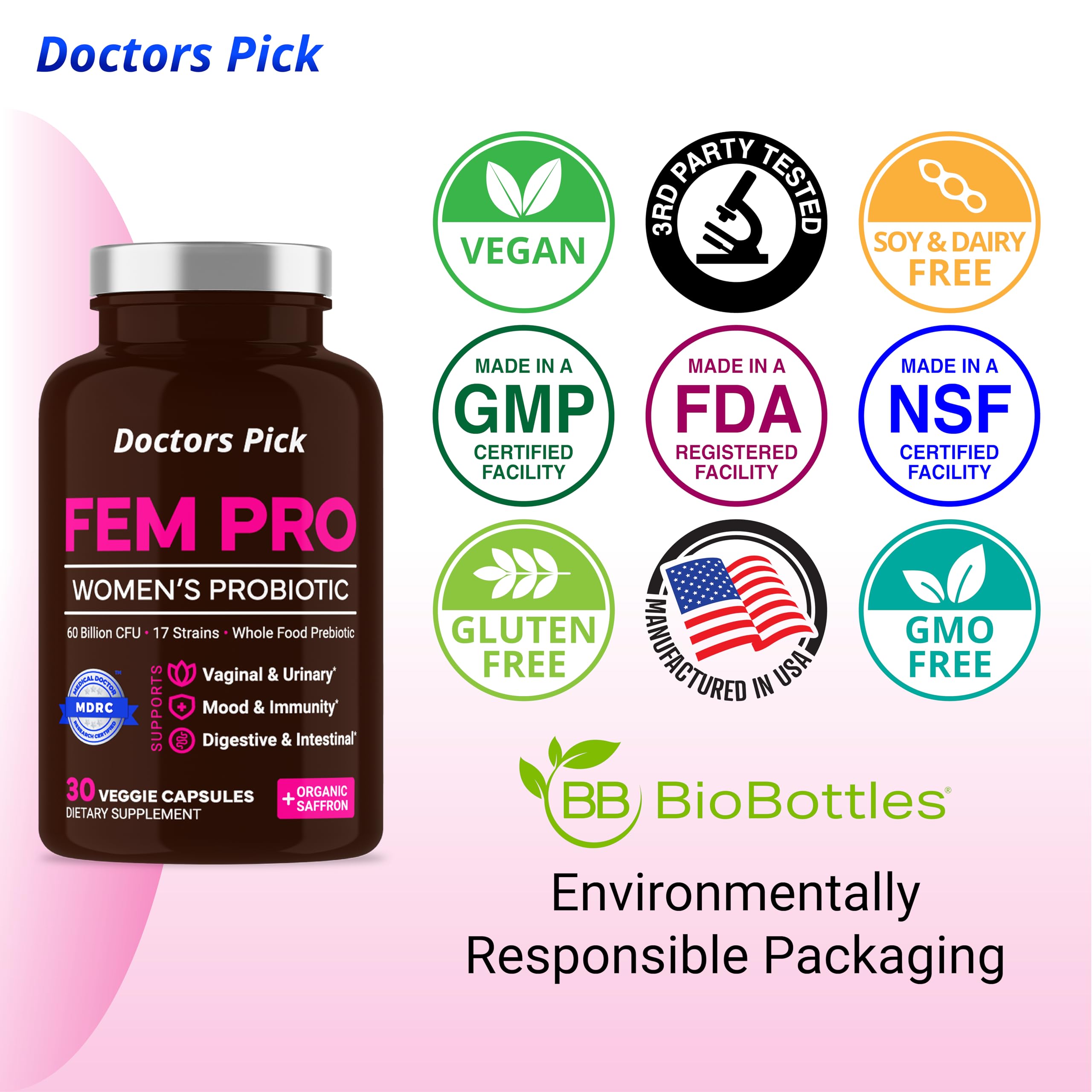 Doctors Pick Fem Pro Probiotics for Women. 17 Clinically Effective Strains for Vaginal, Digestive & Immune Support, Urinary Tract Health, pH Balance and Mood. Organic Prebiotic, 30 Veggie Capsules