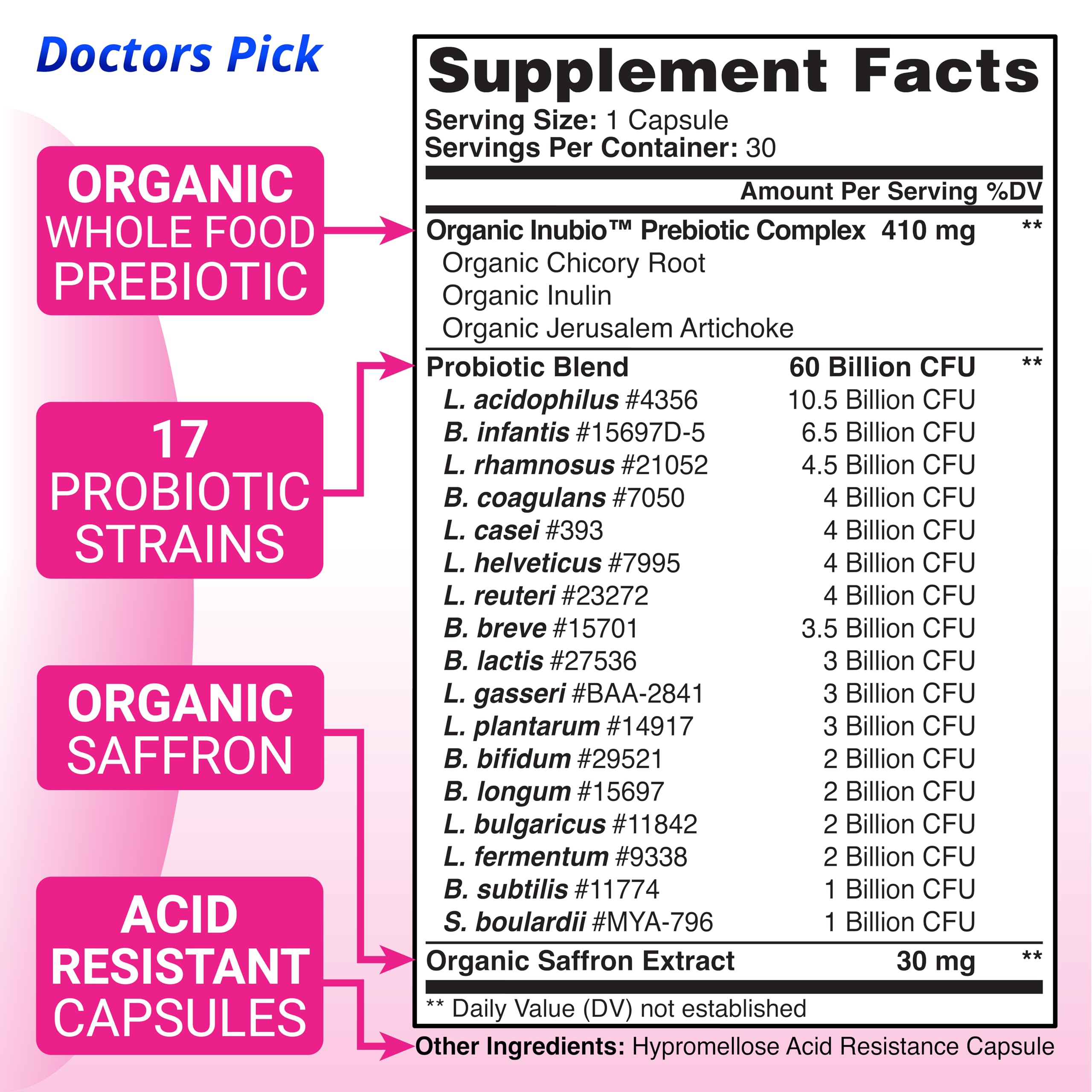 Doctors Pick Fem Pro Probiotics for Women. 17 Clinically Effective Strains for Vaginal, Digestive & Immune Support, Urinary Tract Health, pH Balance and Mood. Organic Prebiotic, 30 Veggie Capsules