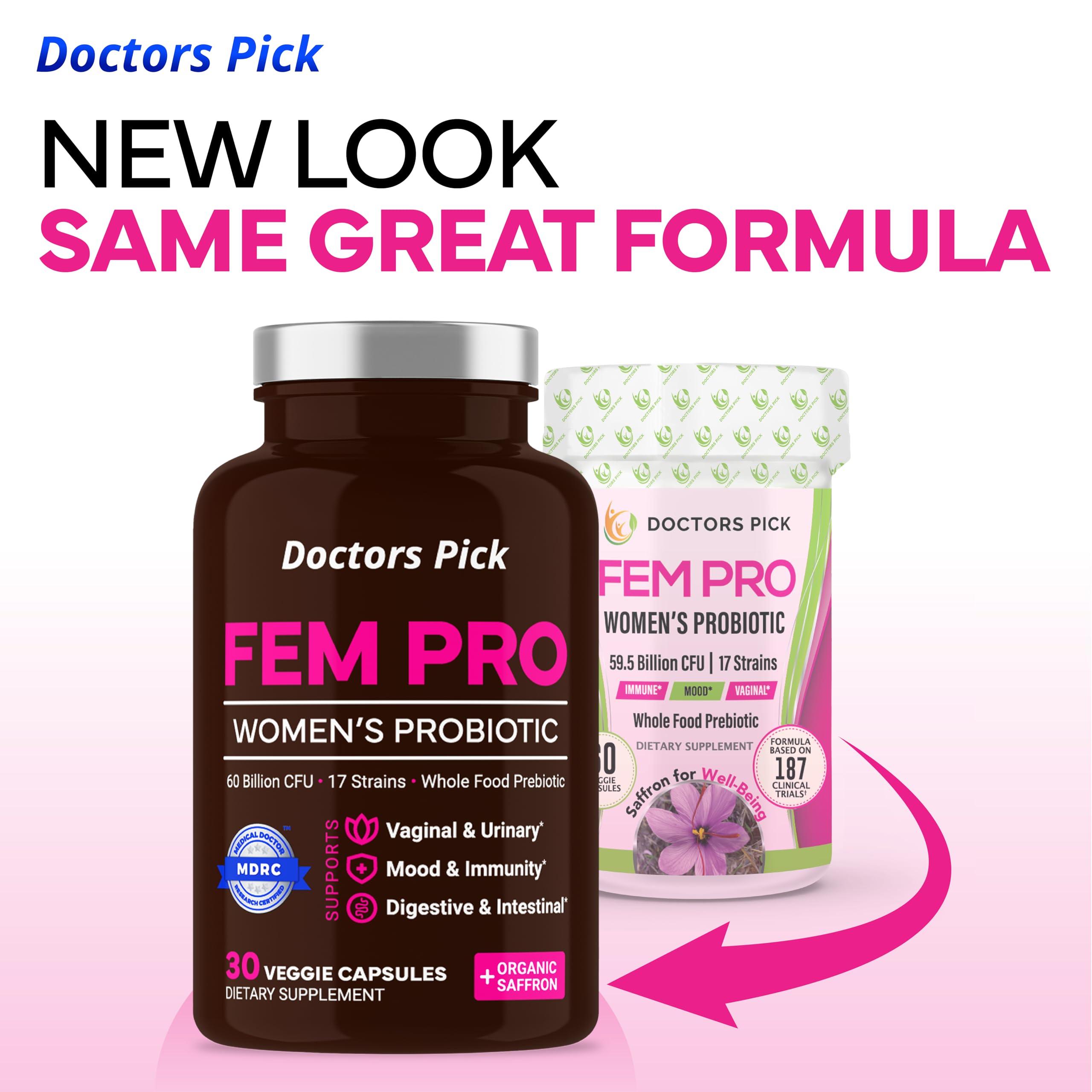 Doctors Pick Fem Pro Probiotics for Women. 17 Clinically Effective Strains for Vaginal, Digestive & Immune Support, Urinary Tract Health, pH Balance and Mood. Organic Prebiotic, 30 Veggie Capsules