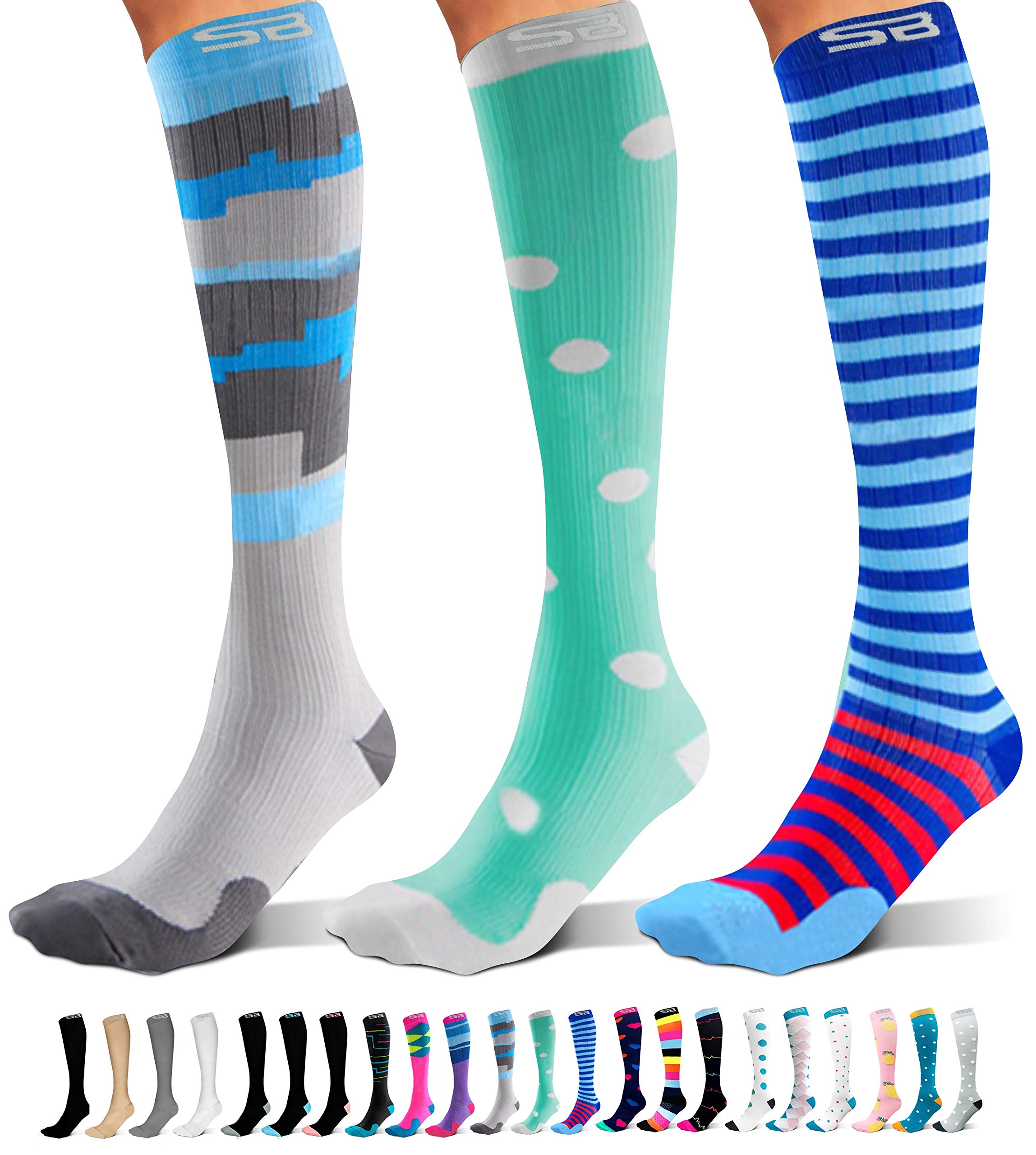 SB SOX 3-Pair Compression Socks (15-20mmHg) for Men & Women – Best Socks for All Day Wear! (S/M, 07 – Multi-color)