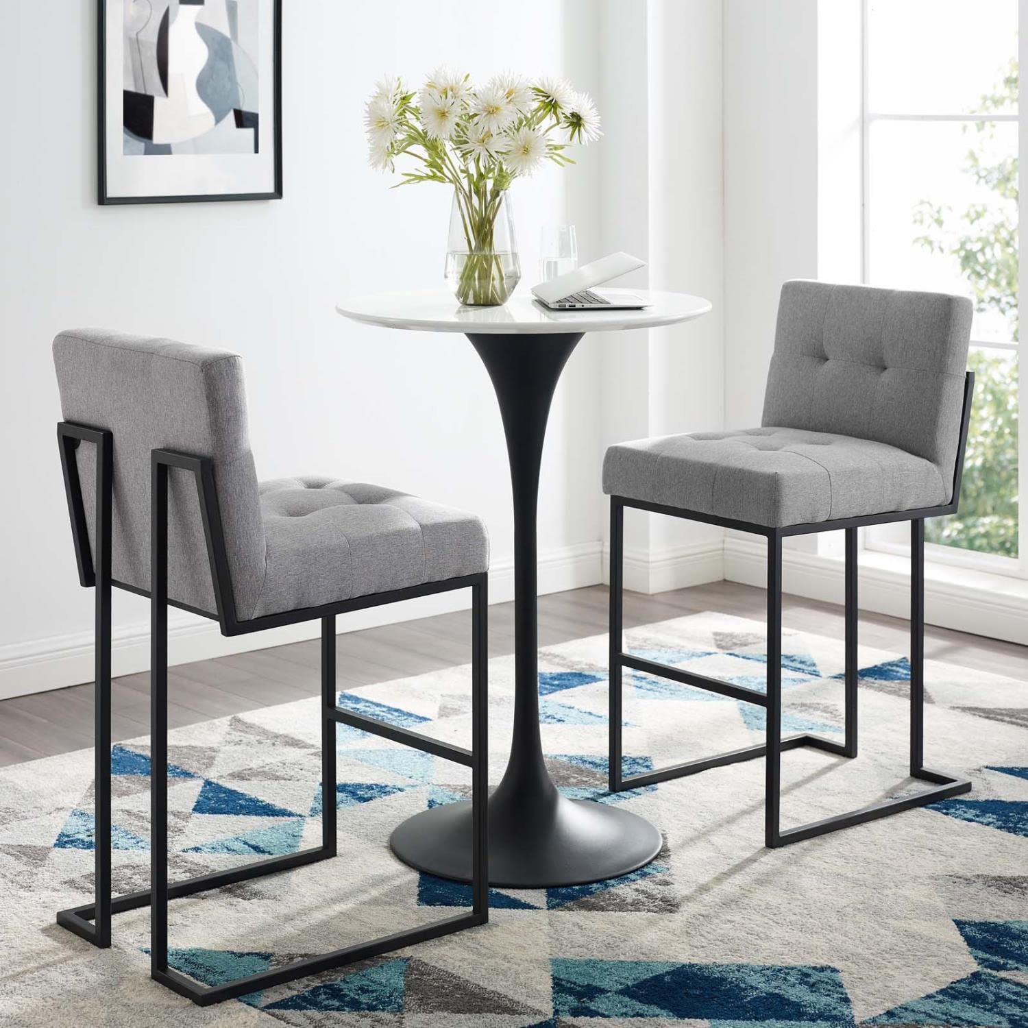 Modway Privy Stainless Steel Upholstered Fabric Bar Stool Set of 2, Black Light Gray