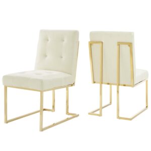 modway privy stainless steel performance velvet dining chair set of 2, gold ivory
