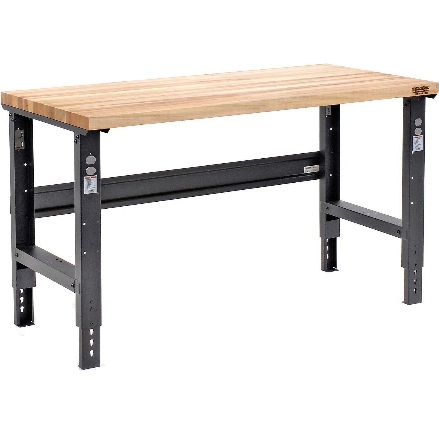 Global Industrial Adjustable Height Maple Butcher Block Square Edge Workbench, 1-3/4" Top, 60" W X 30" D, Black