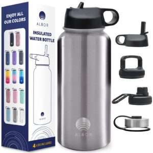 albor 32 oz insulated water bottle with chug lid and straw, plus carry lid for travel, leak proof stainless steel water bottle for gym and travel (steel)