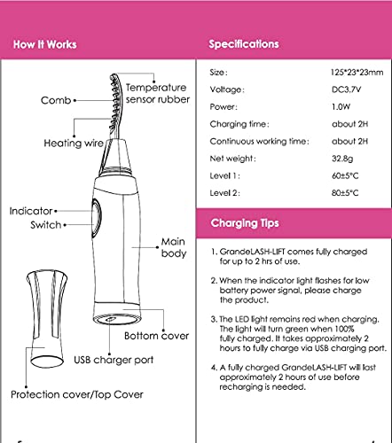 Grande Cosmetics LASH-LIFT Heated Lash Curler, Rechargeable and Travel Friendly, 2 Heat Settings, White