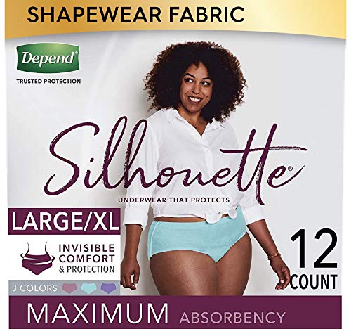 Depend Silhouette Incontinence and Postpartum Underwear for Women, Maximum Absorbency, Disposable, Large/Extra-Large, Lavender/Teal/Berry, 12 Count