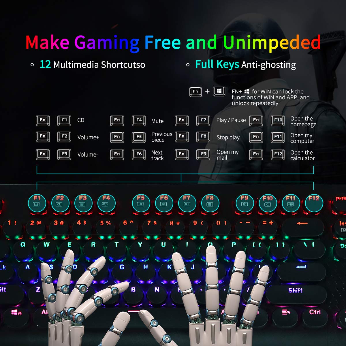 E-YOOSO Retro Mechanical Gaming Keyboard, Typewriter Style LED Backlit Keyboard with 104 Round Keys for Game and Office, Computer, Laptop, Desktop K600 (Blue Switch)