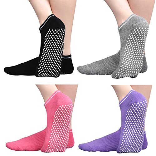 DWG Anti Slip Non Skid Slipper Yoga Socks with Grips 4 Pack Sticky Home Hospital Pilates Socks for Adult Women