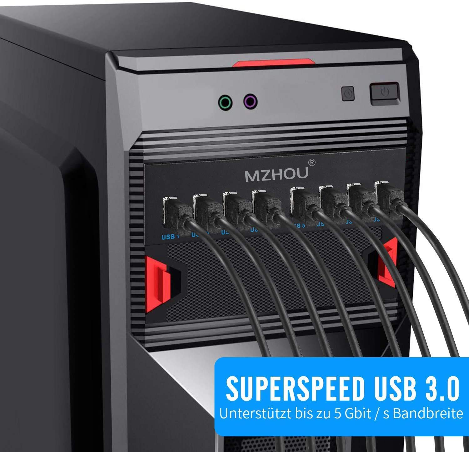 MZHOU Front Panel USB 3.0 Hub 8 Port,19 Pin to 8 Port USB 3.0 Hub for PC, USB Flash Drives, Transfer Speed up to 5 Gbps, Fits Any 5.25” Computer Case Front Bay