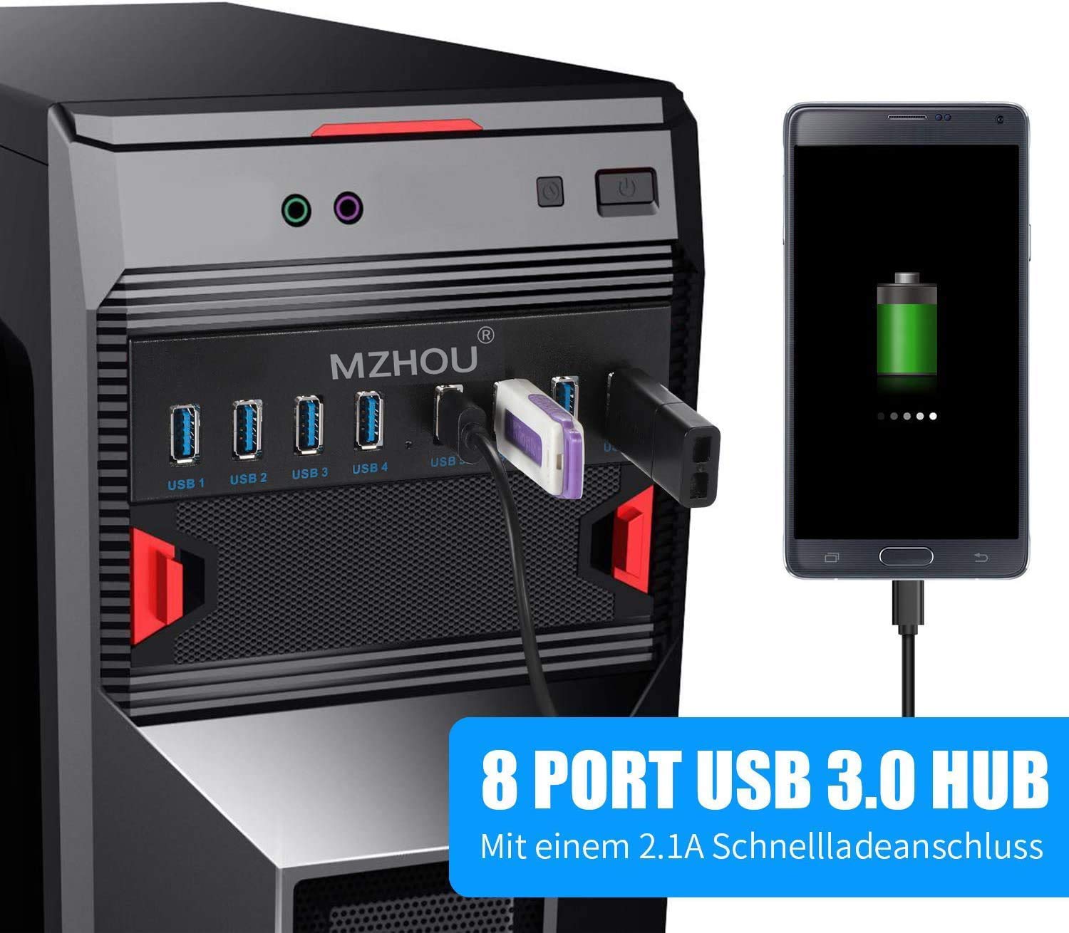 MZHOU Front Panel USB 3.0 Hub 8 Port,19 Pin to 8 Port USB 3.0 Hub for PC, USB Flash Drives, Transfer Speed up to 5 Gbps, Fits Any 5.25” Computer Case Front Bay