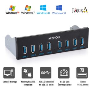 MZHOU Front Panel USB 3.0 Hub 8 Port,19 Pin to 8 Port USB 3.0 Hub for PC, USB Flash Drives, Transfer Speed up to 5 Gbps, Fits Any 5.25” Computer Case Front Bay