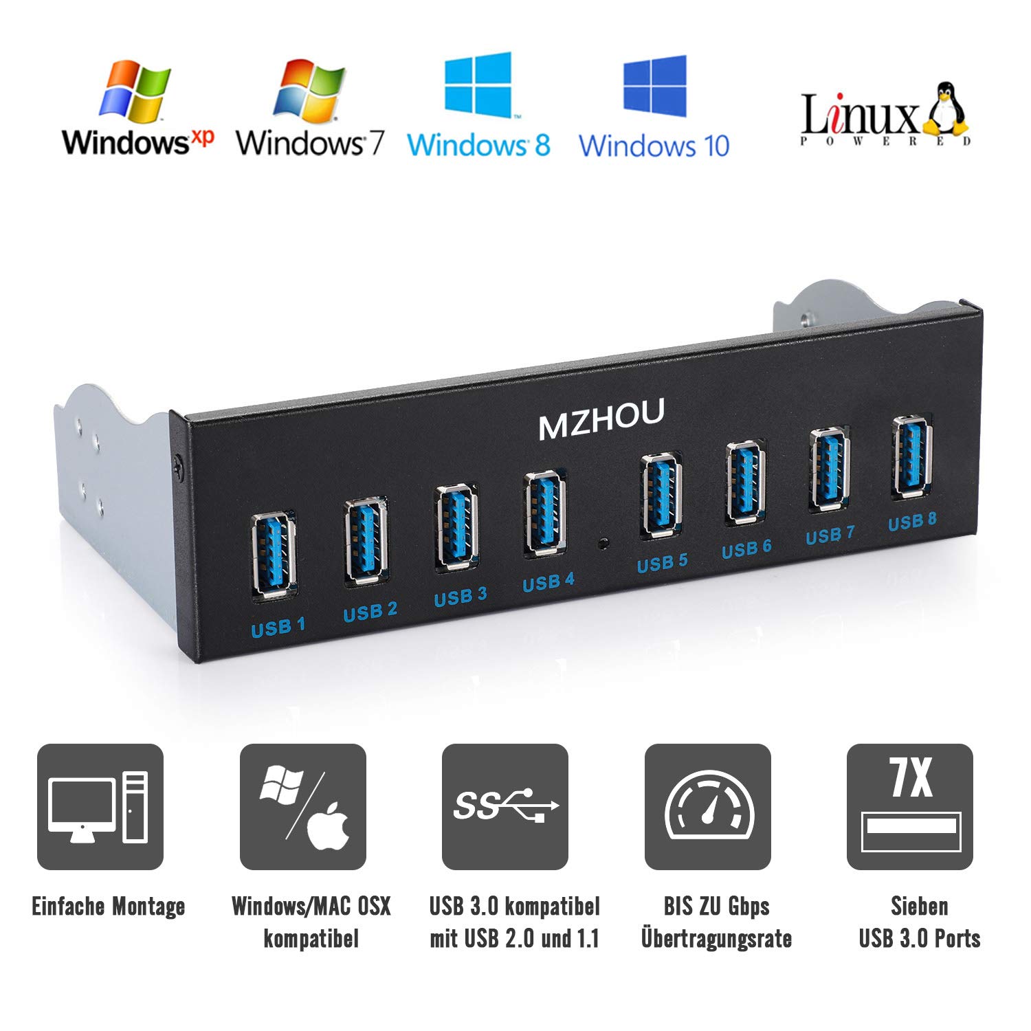 MZHOU Front Panel USB 3.0 Hub 8 Port,19 Pin to 8 Port USB 3.0 Hub for PC, USB Flash Drives, Transfer Speed up to 5 Gbps, Fits Any 5.25” Computer Case Front Bay