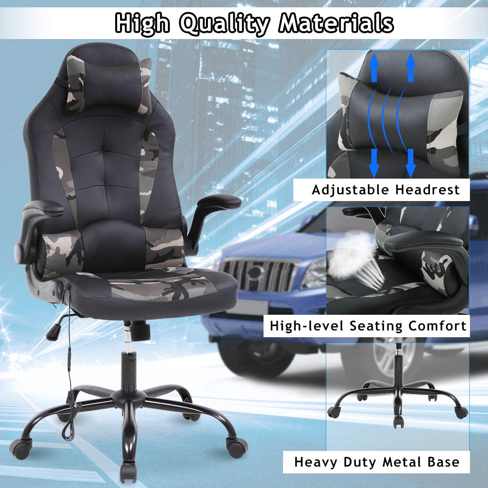 Massage Gaming Chair Ergonomic Office Chair High Back Desk Chair PU Leather Executive Chair with Lumbar Support Headrest Armrest PC Racing Computer Chair Task Rolling Swivel Chair, Camo