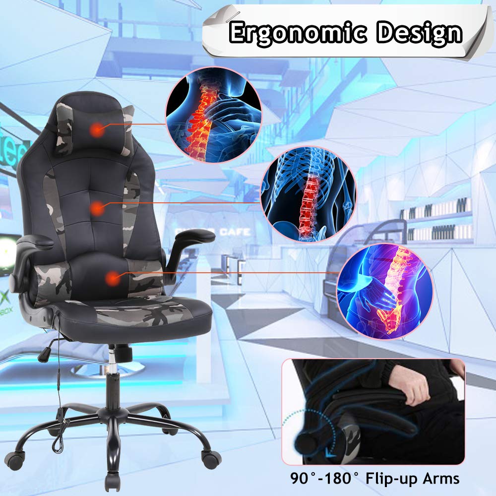 Massage Gaming Chair Ergonomic Office Chair High Back Desk Chair PU Leather Executive Chair with Lumbar Support Headrest Armrest PC Racing Computer Chair Task Rolling Swivel Chair, Camo