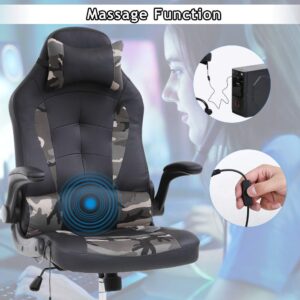 Massage Gaming Chair Ergonomic Office Chair High Back Desk Chair PU Leather Executive Chair with Lumbar Support Headrest Armrest PC Racing Computer Chair Task Rolling Swivel Chair, Camo