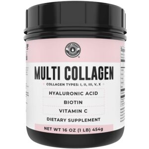 multi collagen peptides types i, ii, iii, v, x with hyaluronic acid, biotin, vitamin c, grass-fed hydrolyzed protein collagen, for skin hair nails joints and gut health - keto & paleo friendly non-gmo