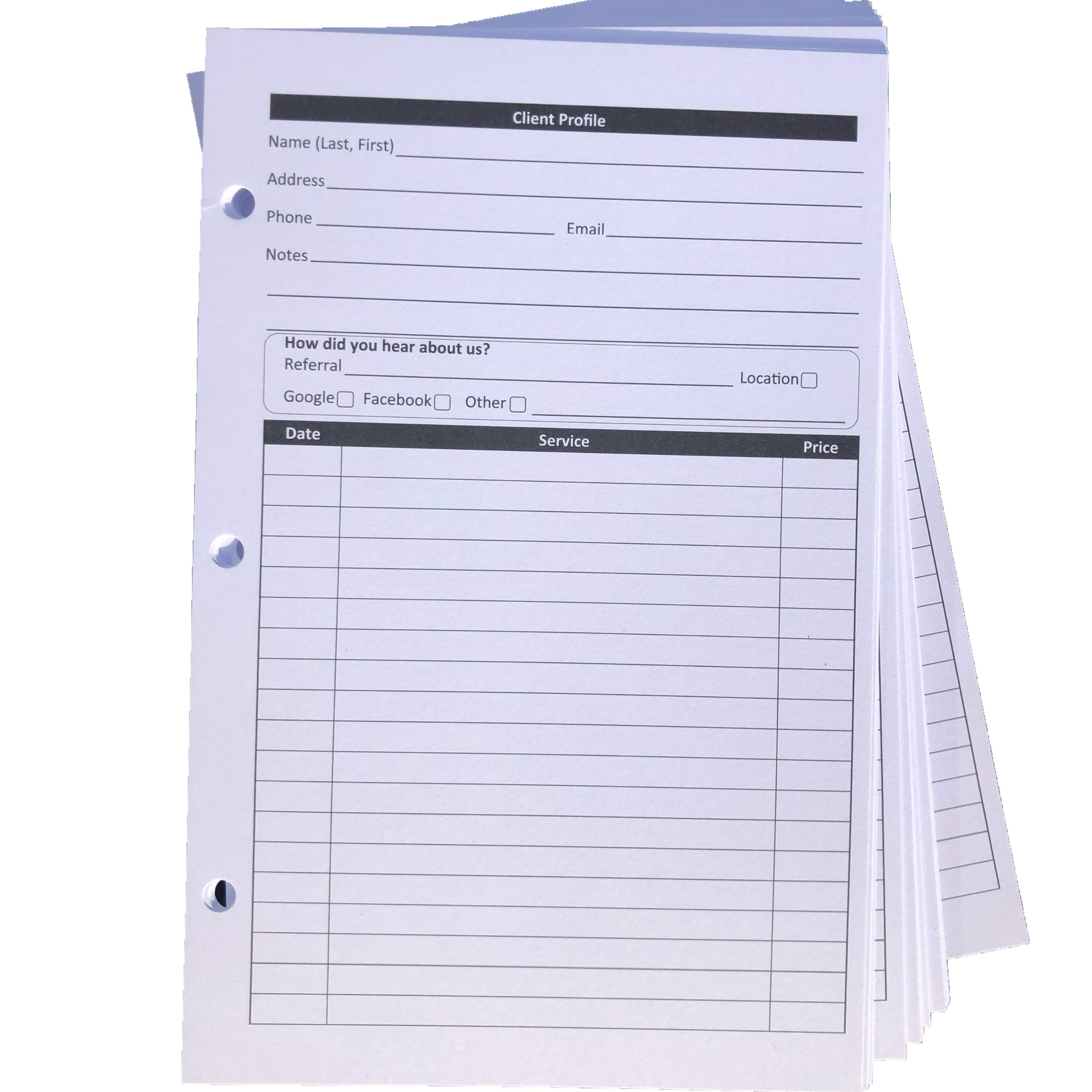 Stylist Binder Insert Cards (100 per pack, 5.5" X 8.5") for salon, spa, hairdresser, nail salons