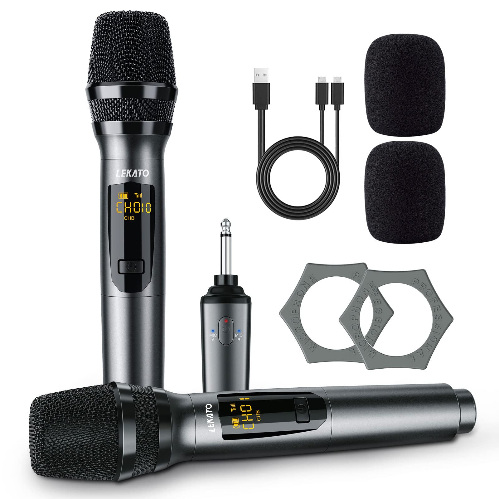 LEKATO Wireless Microphone, K380S Wireless Microphone System Set Dynamic Wireless Microphone Rechargeable Microphone with Receiver for Singing, Karaoke,Speech, Wedding, Church, PA System Speaker