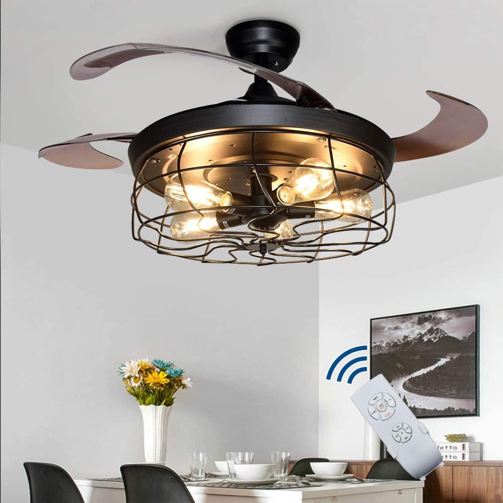 DLLT Ceiling Fan with Lights-42 Industrial Ceiling Fan with Retractable Blades, Vintage Cage Ceiling Light Fixture with Remote for Dining Room, Living Room, 5 E26 Bulbs Not Included, Black