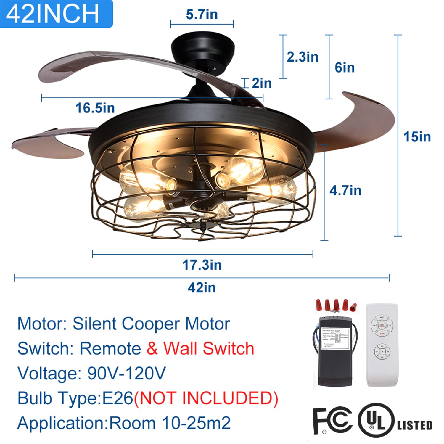 DLLT Ceiling Fan with Lights-42 Industrial Ceiling Fan with Retractable Blades, Vintage Cage Ceiling Light Fixture with Remote for Dining Room, Living Room, 5 E26 Bulbs Not Included, Black