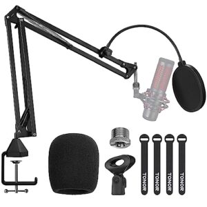 microphone arm stand, tonor adjustable suspension boom scissor mic stand with pop filter, 3/8" to 5/8" adapter, mic clip, upgraded heavy duty clamp for hyperx blue yeti rode elgato etc. mics (t20)