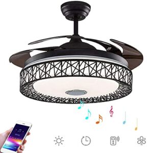 fine maker 42 in bluetooth retractable ceiling fan with light and remote control, led 3-color light 3 speed retractable blades, bluetooth invisible fandelier fan for living room/restaurant/bedroom
