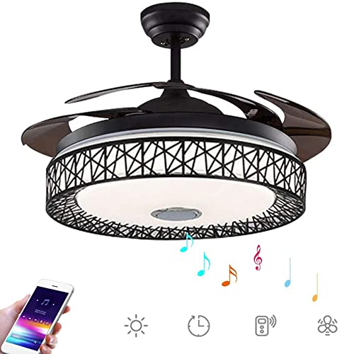 FINE MAKER 42 in Bluetooth Retractable Ceiling Fan with Light and Remote Control, LED 3-Color Light 3 Speed Retractable Blades, Bluetooth Invisible Fandelier Fan for Living Room/Restaurant/Bedroom