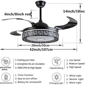 FINE MAKER 42 in Bluetooth Retractable Ceiling Fan with Light and Remote Control, LED 3-Color Light 3 Speed Retractable Blades, Bluetooth Invisible Fandelier Fan for Living Room/Restaurant/Bedroom