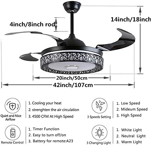 FINE MAKER 42 in Bluetooth Retractable Ceiling Fan with Light and Remote Control, LED 3-Color Light 3 Speed Retractable Blades, Bluetooth Invisible Fandelier Fan for Living Room/Restaurant/Bedroom