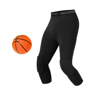 Unlimit Basketball Pants with Knee Pads, Black Basketball Knee Pads Within Basketball Compression Pants, 3/4 Capri Compression Tights Leggings for Youth, Men and Women (XL)