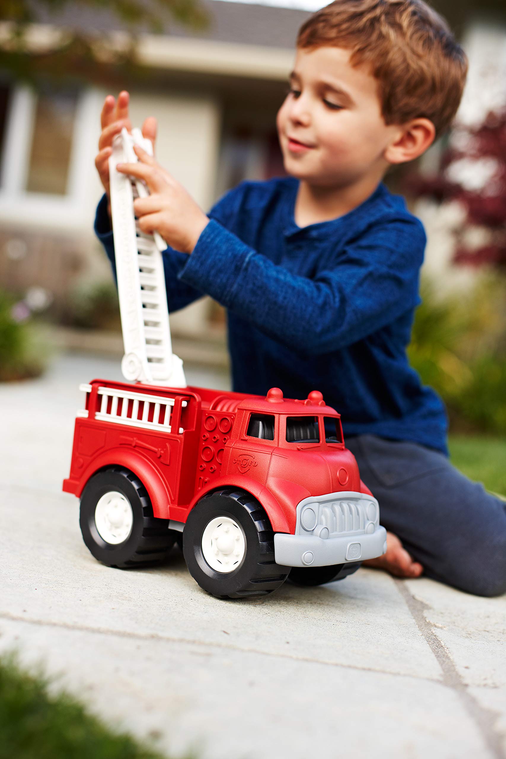 Green Toys Fire Truck, Red & Flatbed w/Race Car - Pretend Play, Motor Skills, Kids Toy Vehicles. No BPA, phthalates, PVC. Dishwasher Safe, Recycled Plastic, Made in USA.