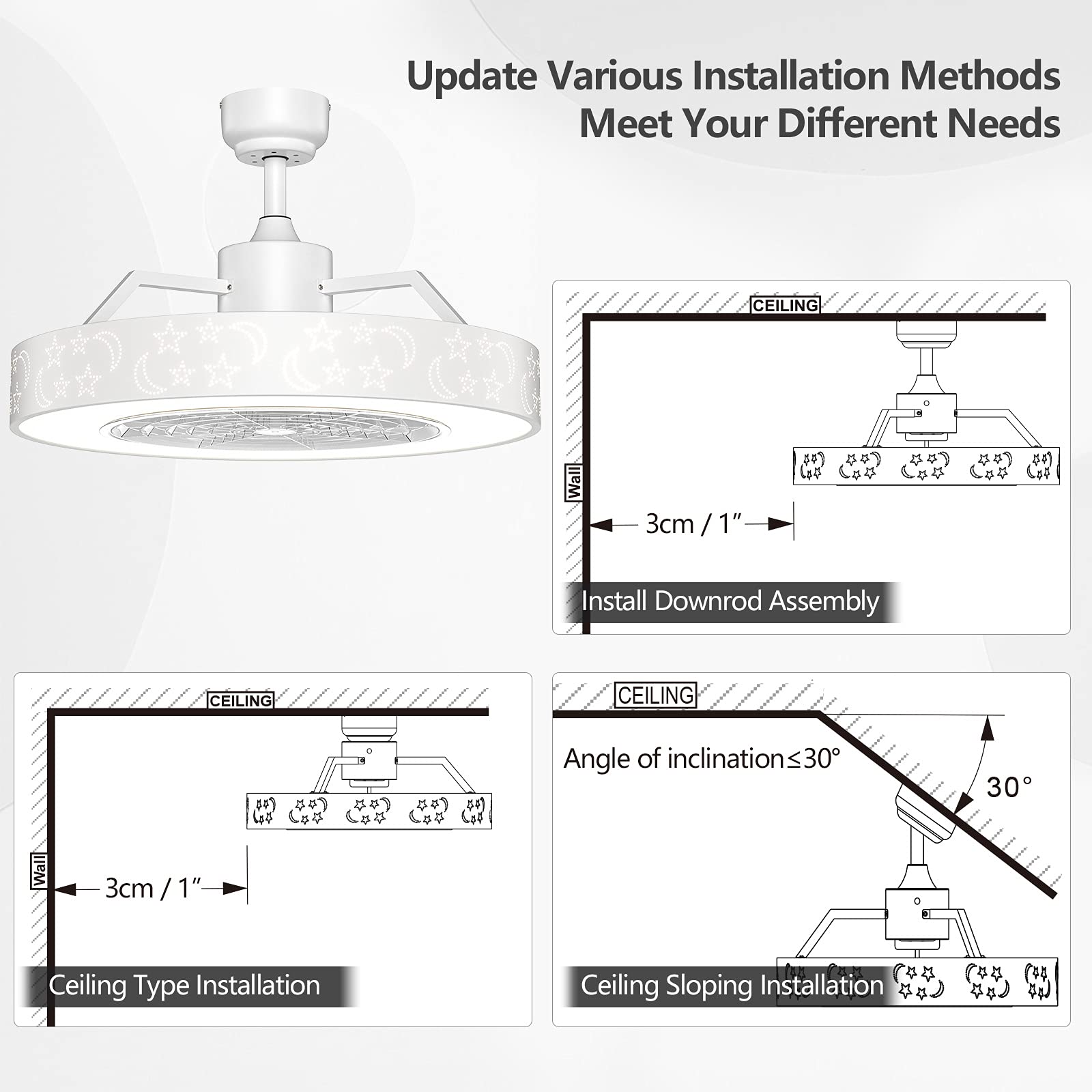 Tangkula 23" Ceiling Fan with Lights, Round LED Ceiling Lighting Fan with Invisible Blades Starry Sky Acrylic Lampshade, Stepless Dimmable with Remote Control, 3 Speed, for Living Room, Bedroom