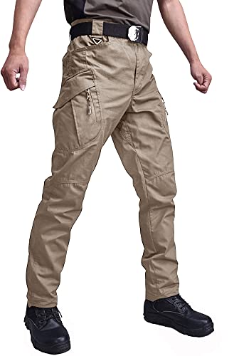 KEFITEVD Cargo Pants for Men Work Tactical Hiking Pants Thermal Winter Running Joggers Sweatpants with Zipper Pocket Khaki