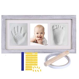 Baby Hand & Footprint Kit, Newborn Keepsake Box in Rustic Farmhouse Frame, Clay Casting Kit for Baby Shower Gifts, Boys & Girls - Baby Nursery Decor - Bonus Stencil Included (Grey)