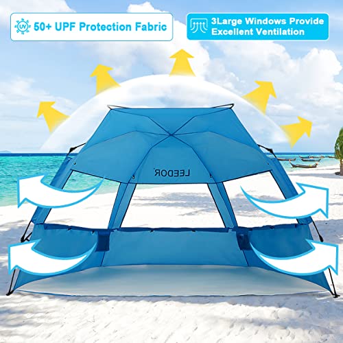 Leedor Beach Tent Sun Shelter Instant Beach Umbrella Easy Cabana with UPF 50+ UV Portable Windproof Pop Up Shade for 3 to 4 Person for Family Patent Pending