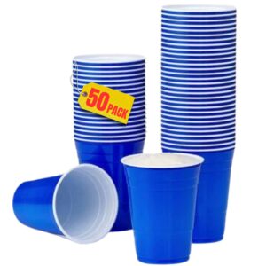 1inthehome blue cups 16 oz, disposable plastic blue party cups heavy duty (50 pack)