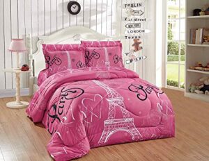 luxury home collection kids/teens/girls 7 piece full size comforter bedding set/bed in a bag with sheets floral paris eiffel tower flowers hearts white pink black (pink, full comforter)