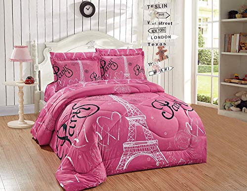 Luxury Home Collection Kids/Teens/Girls 7 Piece Full Size Comforter Bedding Set/Bed in A Bag with Sheets Floral Paris Eiffel Tower Flowers Hearts White Pink Black (Pink, Full Comforter)