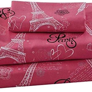 Luxury Home Collection Kids/Teens/Girls 7 Piece Full Size Comforter Bedding Set/Bed in A Bag with Sheets Floral Paris Eiffel Tower Flowers Hearts White Pink Black (Pink, Full Comforter)