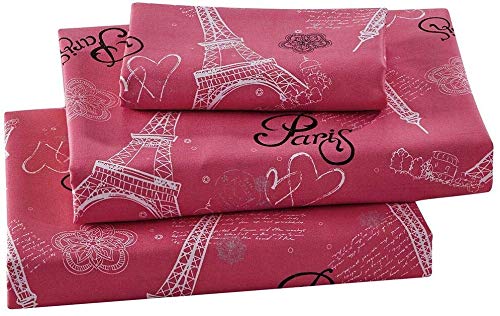 Luxury Home Collection Kids/Teens/Girls 7 Piece Full Size Comforter Bedding Set/Bed in A Bag with Sheets Floral Paris Eiffel Tower Flowers Hearts White Pink Black (Pink, Full Comforter)