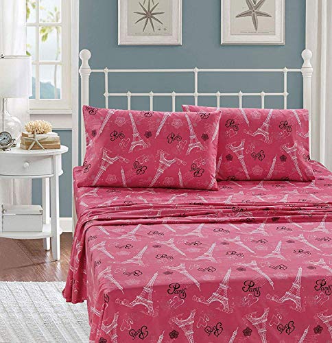 Luxury Home Collection Kids/Teens/Girls 7 Piece Full Size Comforter Bedding Set/Bed in A Bag with Sheets Floral Paris Eiffel Tower Flowers Hearts White Pink Black (Pink, Full Comforter)