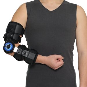 orthomen hinged rom elbow brace, adjustable post op elbow brace stabilizer splint arm injury recovery support after surgery (right)